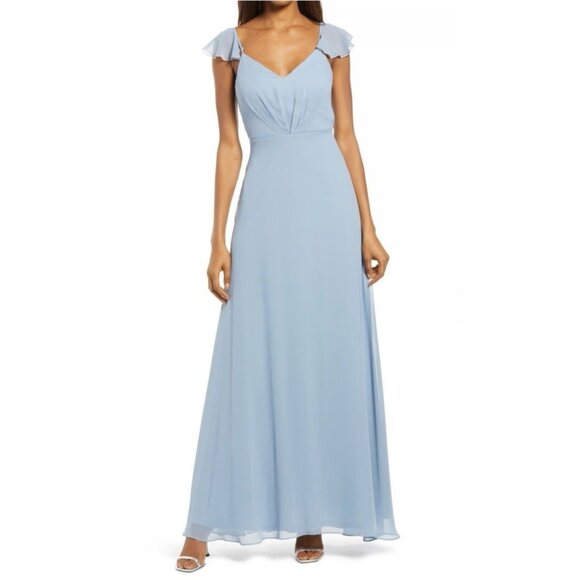 Birdy Grey Formal Dress Large Blue MIST Chiffon V Neck Sleeveless Party Wedding - Picture 1 of 15